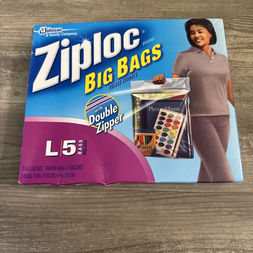 Ziploc BIG BAGS 5 COUNT LARGE 3 Gallon  15IN x 15IN  Double Zipper  (NEW IN BOX)